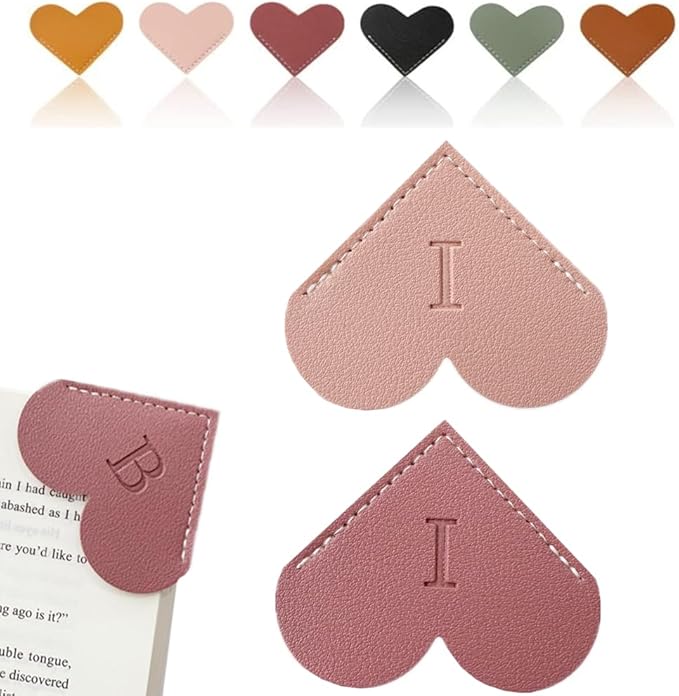 Personalized Leather Heart Bookmark, 26 Letters Customized Corner Book Mark for Reading Women, Book Marker with Initials，Cute Gifts (Light Pink+Deep Pink, I)