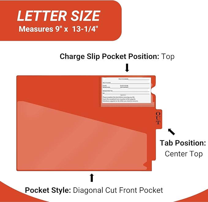 Doctor Stuff - Center Tab Vinyl Outguides, Diagonal Cut Front Pocket, Top Charge Out Slip Pocket, Plastic File Folder, Letter Size 9" x 13-1/4", Orange, 50/Box