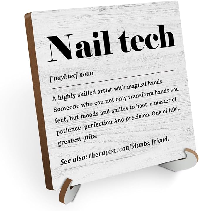 Nail Tech Definition Wood Sign Desk Decor Rustic Nail Salon Office Cubicle Decor Inspirational Plaque with Wooden Stand Farmhouse Nail Technician Desk Accessories for Home Table Shelf Tiered Tray