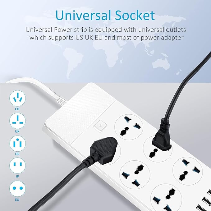 International Power Adapter with 6 Universal Outlet 4 USB Ports (1 USB C), Jumpso 6ft Travel Power Strip, EU UK to US Plug Adapter, 110-240v, 3000w Extension Cord for Home Office White