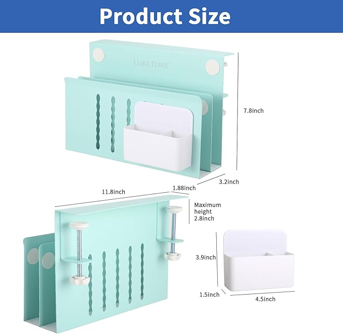 LUKETURE Desk Side Storage, 2 Tier Steel Hanging Organizer, No Drill Side Desk Organizer, Laptop Holder, with Pen Holder, Hanging Table Storage for Office Home, Fits Flat Edge Tables 0.3" to 2.8"