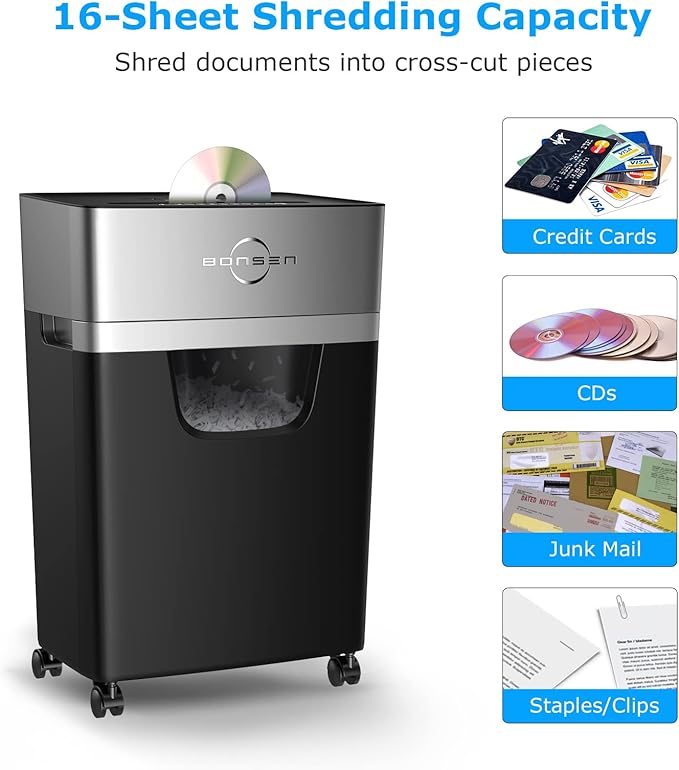 BONSEN 16-Sheet Heavy Duty Paper Shredder for Office, 60-Minute Running Time Cross-Cut CD Shredder with 60dB Low-Noise, 5.3-Gallon Pull Out Bin, Anti-Jam & Quiet Shredder for Home Office (S3102)