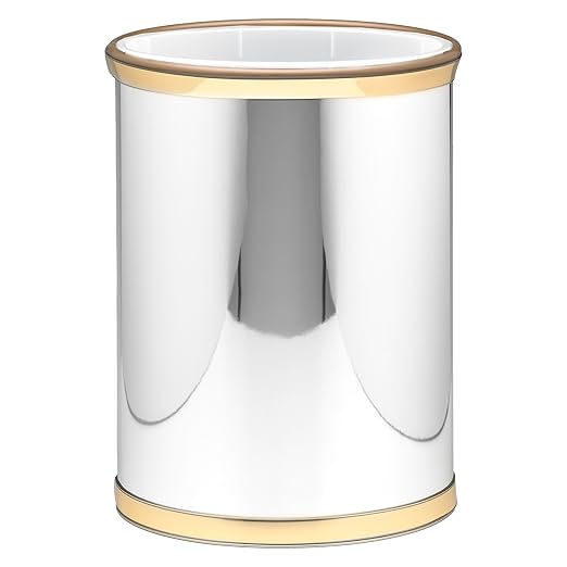 Kraftware Mylar Collection Wastebasket with Plastic Liner, adds Luxurious Style to the Home or Office, Bathroom or Bedroom, 13 Quart, 2 piece set with Liner for Easy Cleanup, Chrome w Gold Trim