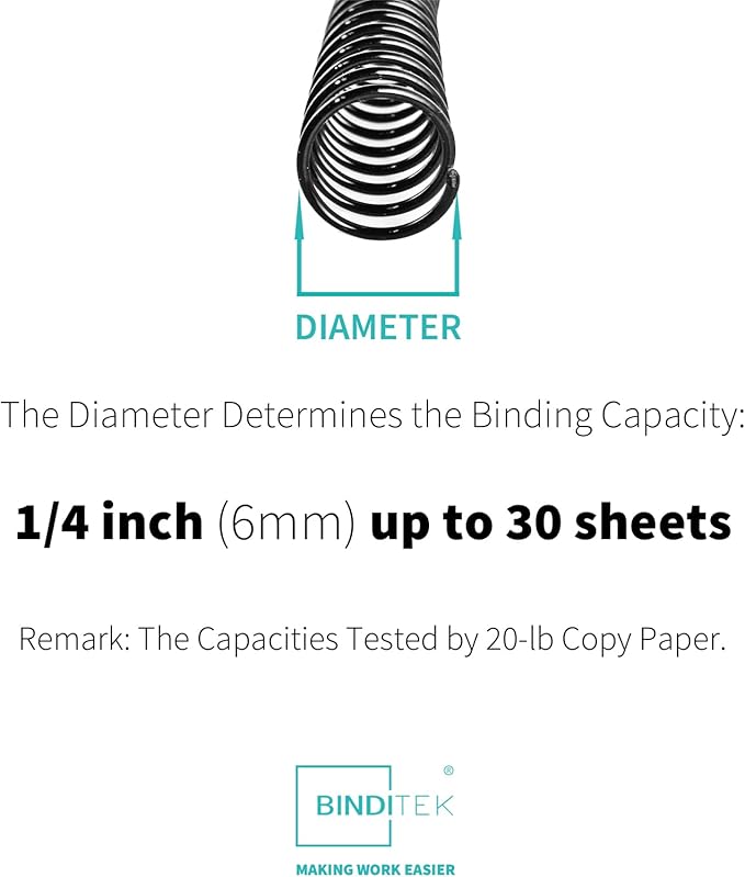 Binditek 50 Pack Plastic Spiral Binding Coils, 6mm(1/4"), 30 Sheet Capacity, 4:1 Pitch, Black, 48Loops, for Letter Size, for Students and Coworkers