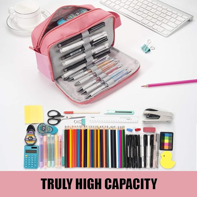 Sooez High Capacity Pencil Case, Big Pencil Bag Pouch Box Organizer Pen Case, Portable Journaling Supplies with Easy Grip Handle & Loop, Asthetic Supply for Girls Adults, Pink