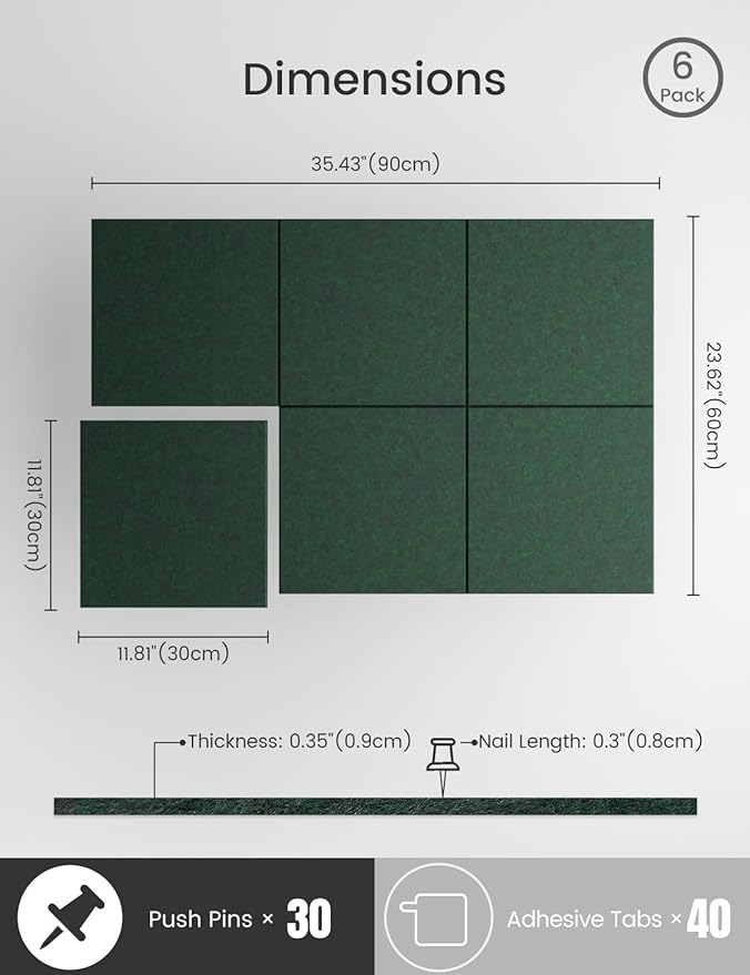 Bumusty Large Cork Board 36"x24" Alternative - 6 Pack Felt Wall Tiles with 40 Safe Removable Adhesive Tabs, 30 Pushpins, Cork Boards for Walls Pin Board Bulletin Board Office Decor (Aurora Green)