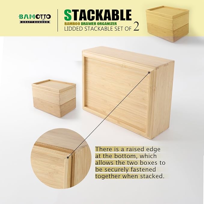 Stackable Bamboo Drawer Organizer Set – 2 Boxes with 1 Lid | Wood-Laminated Trays for Kitchen Utensils, Silverware & Flatware – Storage Fits Cabinets, Pantry, Bathroom & Office | 10.2"x7.3" (2-Pack)