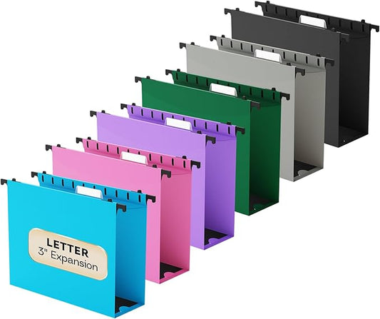 Plastic Expandable Hanging File Folder Letter Size,Heavy Duty 3 Inch Expansion,12 Pack Extra Capacity Hanging Folder withTabs,File Cabinet Folder,Hanging File Organizer for Office-Colored