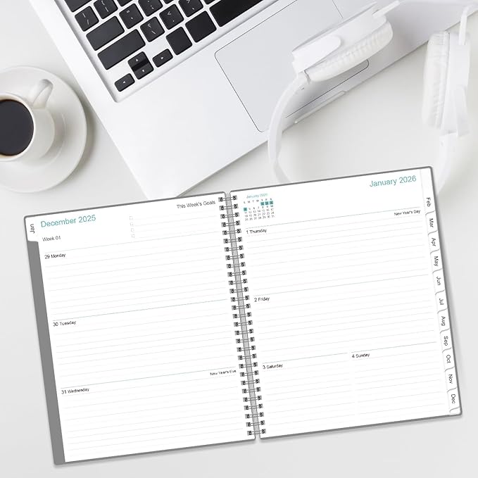 2026 Planner - Planner 2026 from January 2026 to December 2026 with 12 Monthly Tabs, Flexible Cover, Inner Pocket, 8.5" x 11", Grey-B