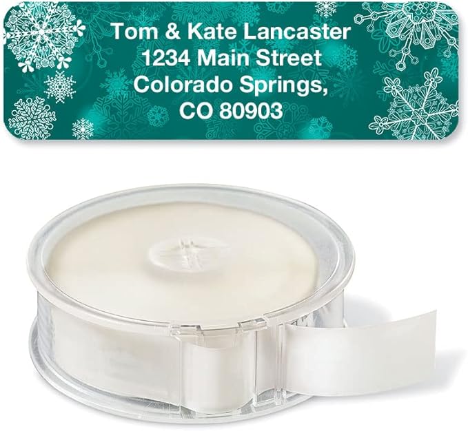Snowflake Christmas Holiday Rolled Personalized Return Address Mailing Labels with Dispenser, Set of 250, 5 Designs, Small ¾ x 2½ Inch Size, Custom Self-Adhesive Sticker Roll, by Colorful Images