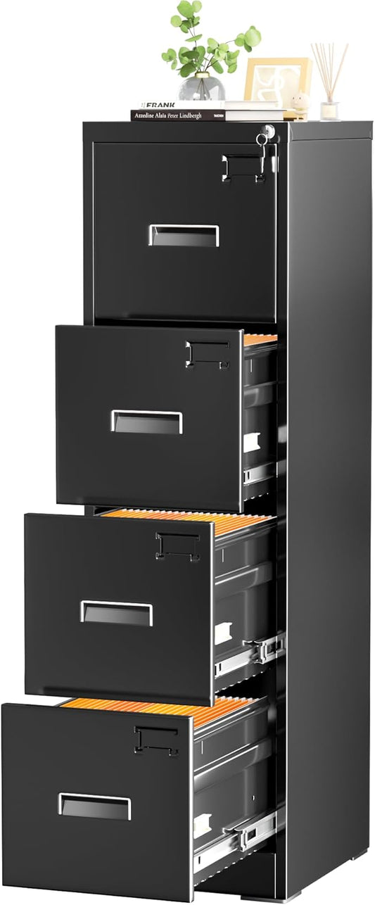 INTERGREAT 4 Drawer Vertical File Cabinet, Black Metal Filing Cabinet with Lock, Tall Lockable Cabinets with 4 Adjustable Hanging Frame for Home Office, Letter/Legal/F4/A4 Size