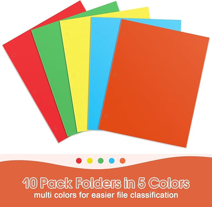 Folders with Pockets, 2 Paper Folders with Pockets (10 Pack, Assorted Colors), File Folders Letter Size, 3 Hole Punched with Business Card Slot, File Folders for School Office Home Documents