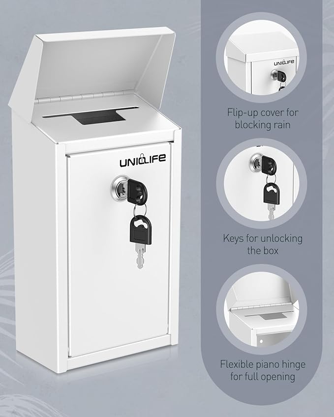 Uniclife Key Drop Box for Outside, White Metal Donation Box Collection Box with Key Lock, Safe Suggestion Box, Wall Mounted Mailbox with Top Slot, Steel Cash Drop Box for Home Office and Business