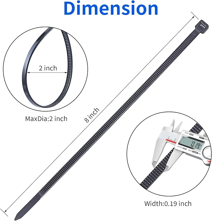 Zip Ties, Heavy Duty Cable and Wire Ties with 50 Ibs Tensile Strength and UV Resistance, for Home, Office, Garden, Workshop, Black (8 Inch, 1000 Pack)