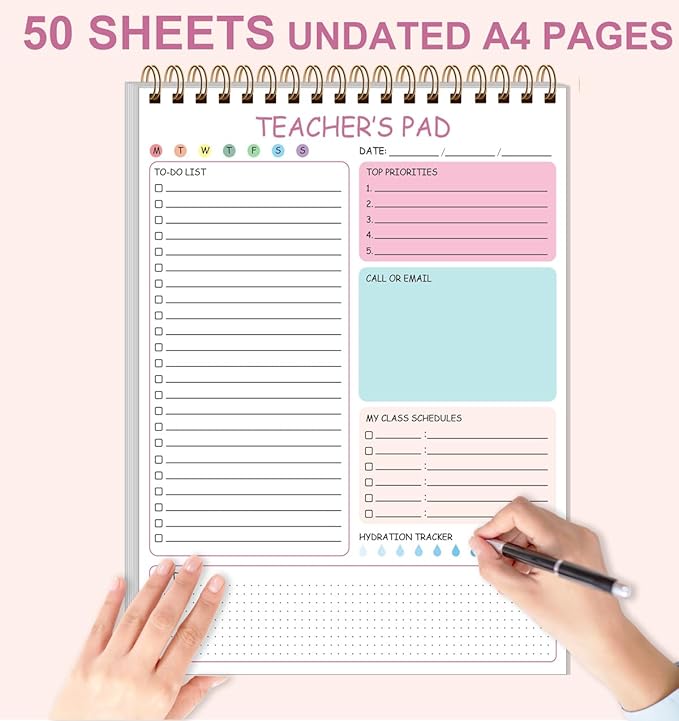Teacher Notepad - A4 Teacher To Do List Notepad, Spiral Checklist Notebook Organizer for Teachers Notes Task Appointment, Teacher Appreciation Gifts, 8'' x 11'', Pink