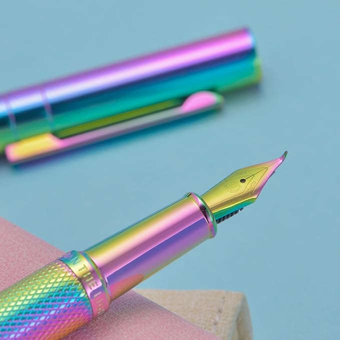 Asvine Hongdian Forest Fountain Pen Bent Nib Rainbow Color with Converter and Metal Pen Box Set