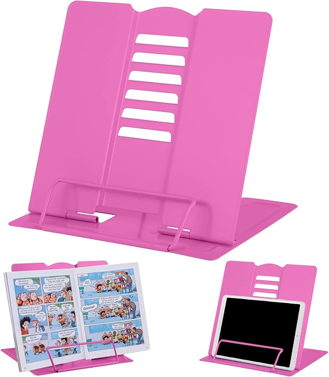 MSDADA Desk Book Stand Metal Reading Rest Book Holder Adjustable Cookbook Documents Holder Bookstands for Recipes Textbooks Tablet Music Books Birthday Gifts for Over 3 Years Old Boys Girls (Rose Red)