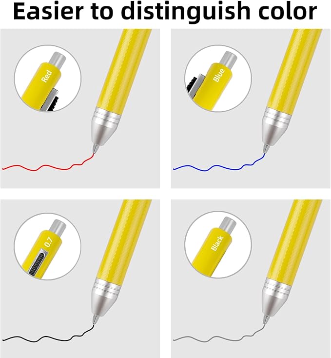 4-in-1 Four-Color Multifunctional Pen, Black/Red/Blue Ballpoint Pen and 0.7mm Mechanical Pencil, Metal Case Pen, Great Gift for Friends, Loved Ones (Yellow)