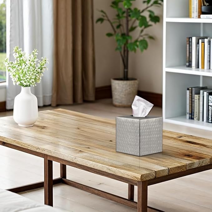 Monarch Abode Hand Hammered Tissue Box Cover Square, Pewter Tissue Holder for Bathroom, Square Metal Dresser Accessories for Home, Decorative Tissue Box Holder, Pewter Handcrafted Tissue Cover