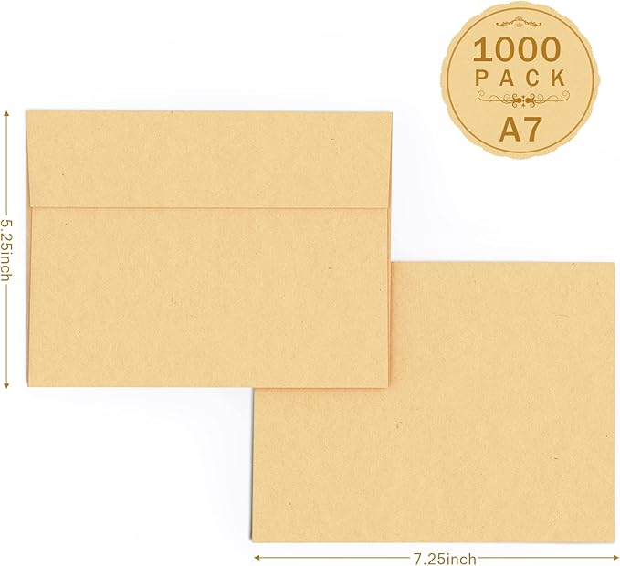 A7 Light Brown Kraft Envelopes Self Seal 1000 Pack, 120 GSM Printable Goefun 5x7 Mailing Envelopes for Invitations, Weddings, RSVP, Birthday, Photos, Documents and DIY Cards