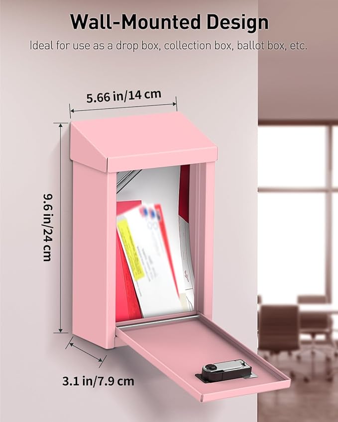 Uniclife Pink Metal Wall Mounted Mailbox with Top Slot, Key Drop Box with Combination Lock for Outside, Donation Box Collection Boxes, Safe Suggestion Boxes, Steel Cash Drop Chest