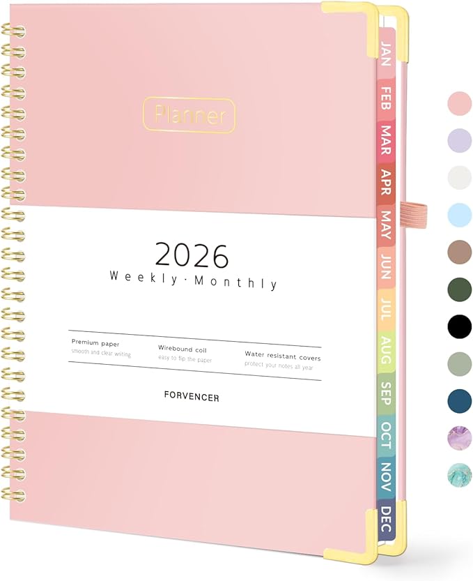 Forvencer 2026 Planner, Hardcover Calendar Planner Weekly and Monthly, January 2026 - December 2026, 6" x 8", Spiral Agenda Book with Tabs, Exquisite Daily Journal with Inner Pocket, Organizer Notebook for Office Home School, A5 Size, Pink