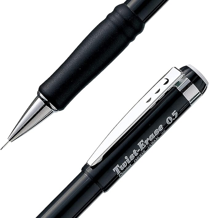 Pentel Mechanical Pencil 0.5 mm Twist Erase III, Twist Up Eraser, Pre-Loaded Super Hi-Polymer HB Lead, Black Barrel, 3-Pack