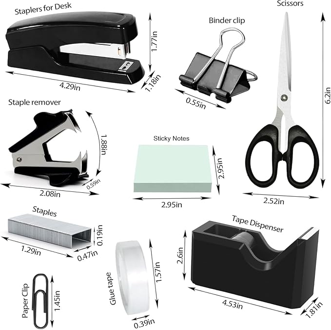 Black Office Desk Accessories, Black Office Supplies Set, Desk Drawer Organizer,Stapler and Tape Dispenser Set,Tape,Staple Remover, Staples, Paper Clips, Scissor and Sticky Note