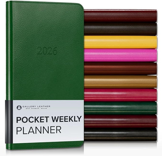 Gallery Leather Pocket Weekly Monthly Planner 2025-2026, Elegantly Bound Calendar Planner and Notebook with Stylish Gold-Gilded Page Edges, 12 Months - Monhegan Emerald - 6 x 3.25 "
