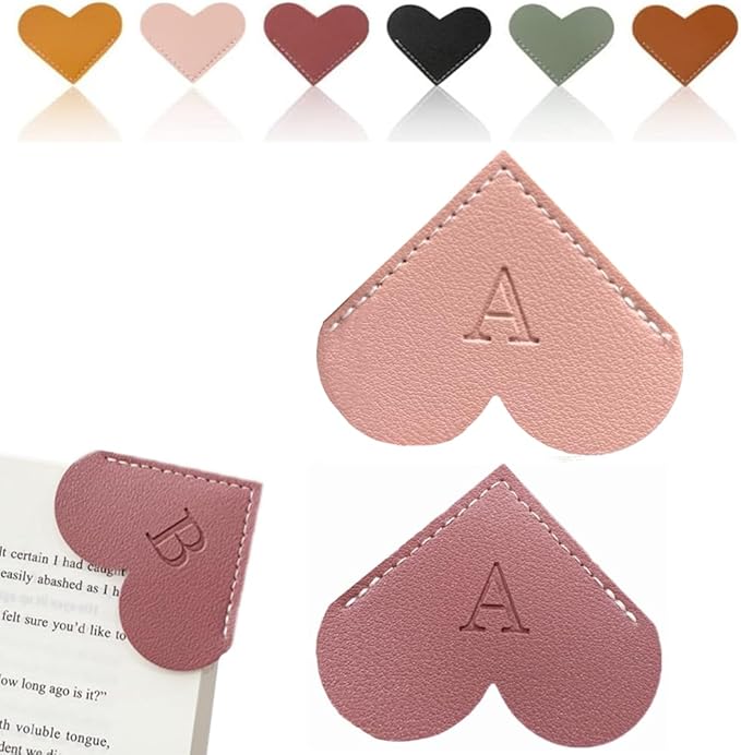 Personalized Leather Heart Bookmark, 26 Letters Customized Corner Book Mark for Reading Women, Book Marker with Initials，Cute Gifts (Light Pink+Deep Pink, A)