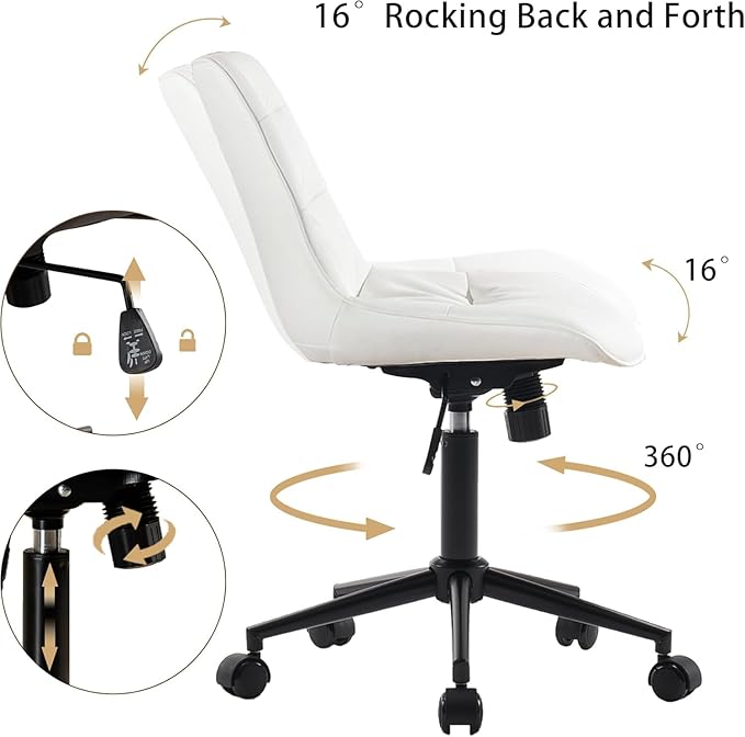 Kidol & Shellder Faux Leather Office Chair, Adjustable Swivel Height Task Chair, Rolling Wheels & Soft Backrest - Armless Ergonomic Desk Chair for Home, Office,Vanity,Gaming（White）
