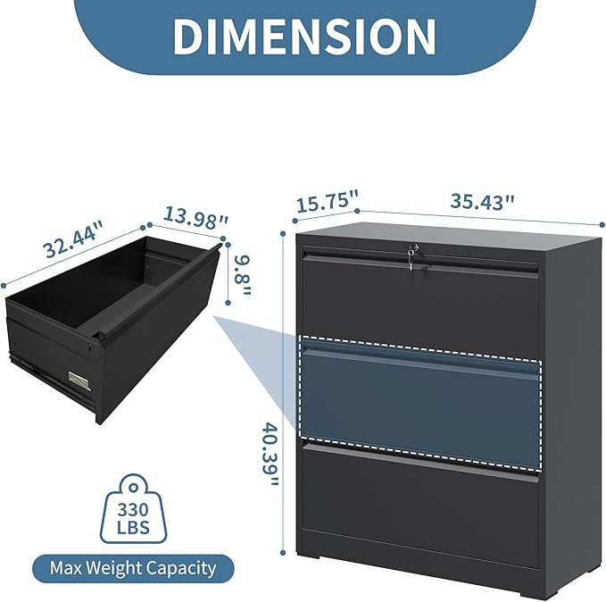 AQY3 Drawer File Cabinet with Lock,Metal Lateral File Cabinets for Home Office,Steel Wide Filing Organization Storage Cabinets for Hanging Files Letter/Legal/F4/A4 Size Assembly Required(Black)