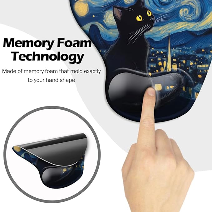Ergonomic Mouse Pad with Wrist Support,Mouse Pad with Wrist Rest and Coaster Set,Office Supplies Non-Slip Mouse Pads for Desk, Non-Slip Comfortable,Cute Black Cat