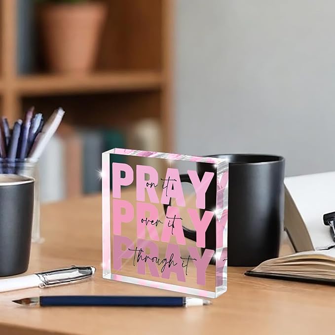 Ideal Christian Gifts for Women - Pray On It,Pray Over It - Bible Verse Desk Art,Pink Inspirational Decor, Pink Dorm Room Decor for Women, Measuring 4 x 4 inches with Gift Box and a Ribbon