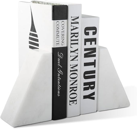 Marble Book Ends Decorative, Unique Bookends for Shelves, White Stone Bookends Holds Heavy Books, Weighted Book Holder Stopper for Home Office Desk Bookshelf Decoration, Set of 2