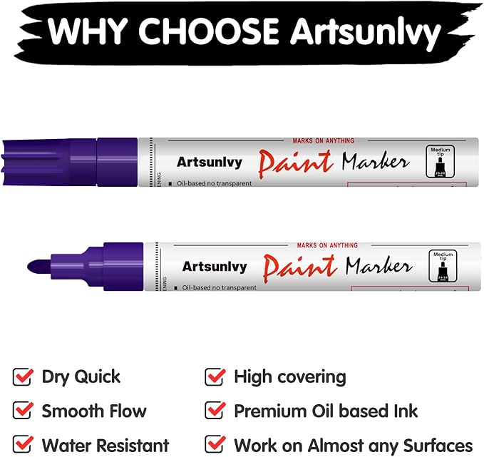 Purple Paint Pens Permanent Markers - 2 Pack Paint Markers for Metal, Rubber,Wood, Rocks, Canvas, Plastic, Dark Surface, Craft Art Supplies, Medium Tip, Quick Dry, Waterproof