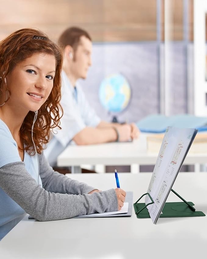 MSDADA Book Stand Metal Reading Rest Book Holder Adjustable Cookbook Documents Holder Portable Sturdy Bookstands for Recipes Textbooks Tablet Music Books with Page Clips (Military Green)