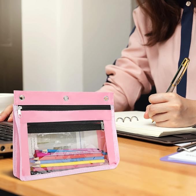 YoeeJob 1 Pack Pencil Pouch for 3 Ring Binder, Expandable Binder Pouches with Zipper, Large Capacity Pen Holder Case with Clear Window School Class Office Organizers, Pink
