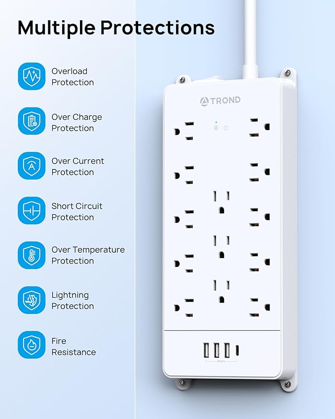 TROND Surge Protector Power Strip 15 ft Cord - Long Extension Cord, 13 Widely-Spaced Outlets Expansion with USB C Ports, 4000 Joules, Flat Plug, Wall Mount, ETL Listed, Office Desk Accessory, White