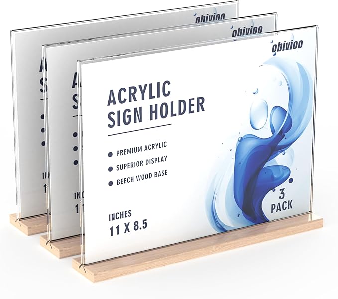 Acrylic Sign Holder 11x8.5 with Wood Base,T-shape Table Display Stands for Office,Store,Restaurants and Event use,Flyer Holder for Ads, Menu, Picture(3 packs,horizontal-L11*H8.5inches)
