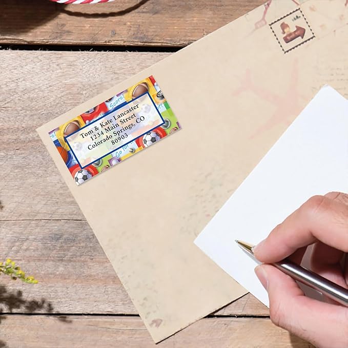 Sports Balls Border Personalized Return Address Labels- Set of 144 1-1/8" x 2-1/4" Self-Adhesive, Flat-Sheet Labels, by Colorful Images