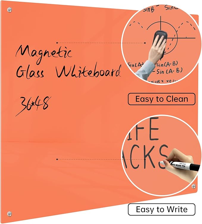 Magnetic Glass Dry Erase Board - White Board 48 x 36 Inch Wall Mounted Glass Whiteboard, Large Frameless Glass White Board for Wall Office, Home & School, Orange