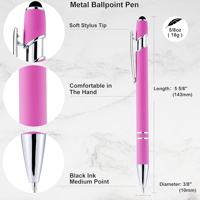 LINFANC 12 Pack Pink Ballpoint Pen with Stylus Tip, 1.0 mm Black Ink Smooth Writing Pens, Metal Stylus Pens for Touch Screens