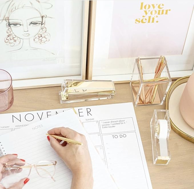 Acrylic Gold Tape Dispenser Gold Desktop Stapler, Acrylic Office Supplies Includes Staple Remover, Tape, 1000pcs Staples Desk Accessory Kit, Cute Office Stapler Set for Modern Design Office Desktop