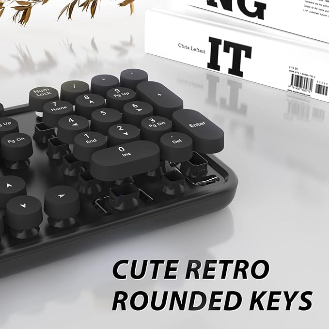 Wireless Keyboard and Mouse, KOOTOP Cute Black Keyboard and Mouse, 2.4G Wireless Keyboard with Retro Round Keycap for PC, Mac, Laptop,Tablet,Computer Windows (Black)