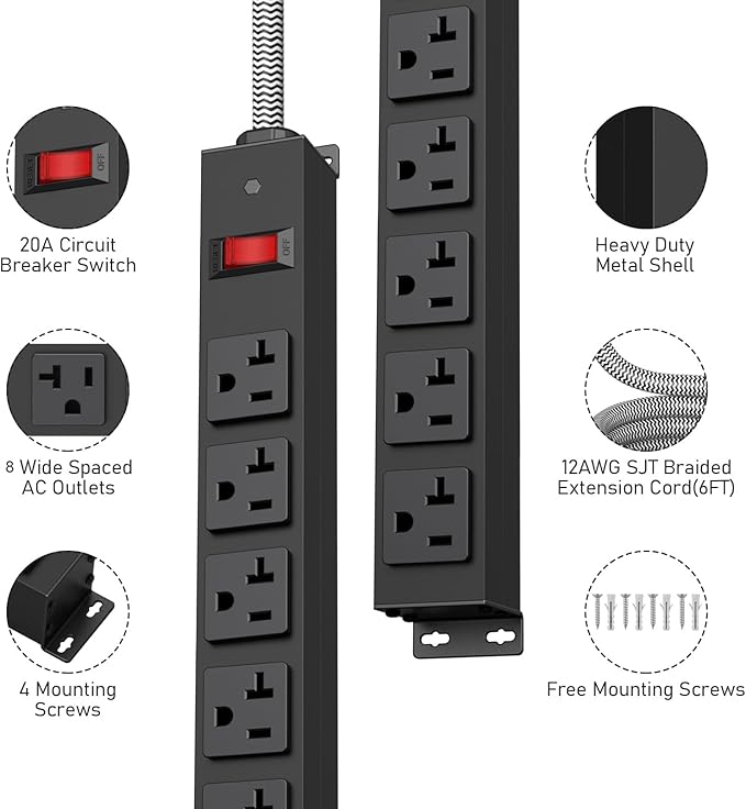 HEZI 20 Amp Power Strip Surge Protector 1200J, Metal 8 Outlets Heavy Duty 20amp, 15Ft 12 Gauge Extension Cord for Appliance Workbench Garage Industrial, Combine with T-Plug Adapter,5-20R T-Slot