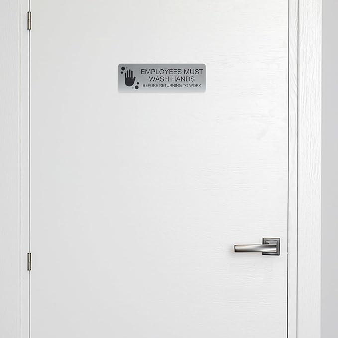 SBLABELS Employees Must Wash Hands Indoor Easy Adhesive Mount Door and Wall Sign for Restaurants and Small Businesses 3" x 9" - Silver