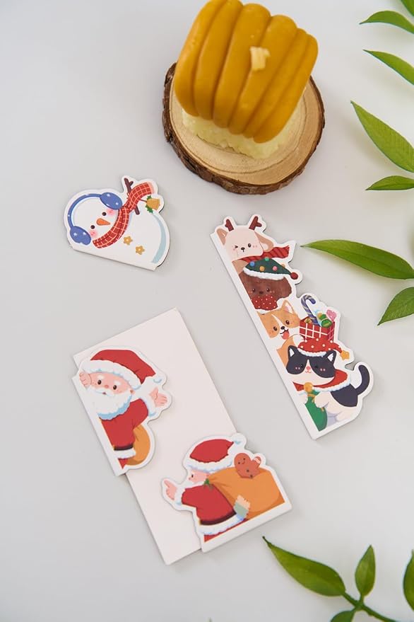 5pcs/Set Cute Magnetic Bookmark, Funny Peeping Santa Claus Kawaii Animals Book Marker Clip for Teachers, Students, Book Lovers Christmas Gifts, Printing on 2 Side (Santa Claus)
