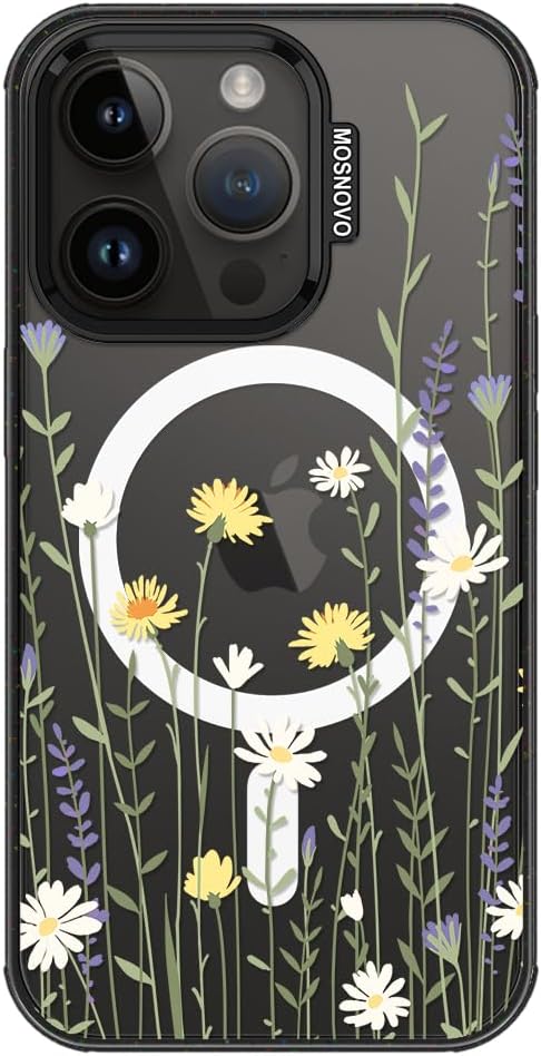 MOSNOVO Magnetic Case for iPhone 14 Pro, 10ft Military-Grade Protection, Compatible with Magsafe, Shockproof Phone Case for iPhone 14 Pro - Wild Meadow - Clear Black