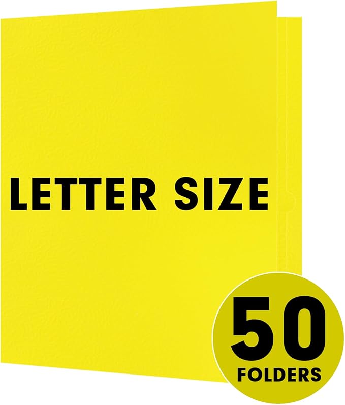 Two Pocket Folders, RAZCC 50 Pack 2 Pocket Folders Fit Letter Size Paper, Paper Folders with Pockets for School Office Business Home, Yellow